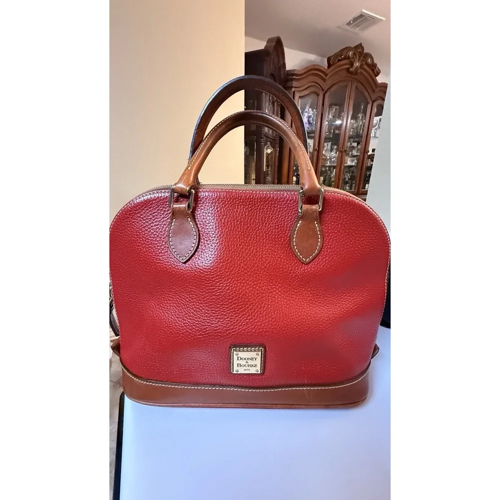 Dooney & Bourke Zip Zip Satchel Red Pebble Leather Brown Trim Handbag